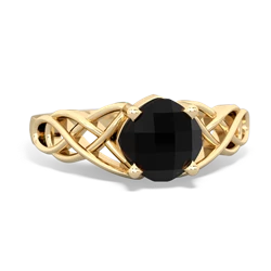 Onyx Checkerboard Cushion Celtic Knot 14K Yellow Gold ring R5000