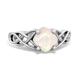 Opal Checkerboard Cushion Celtic Knot 14K White Gold ring R5000