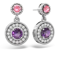 Lab Pink Sapphire Halo Dangle 14K White Gold earrings E5319