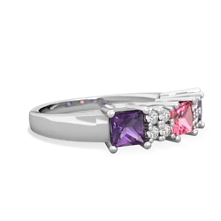 Lab Pink Sapphire Three Stone Diamond Cluster 14K White Gold ring R2592