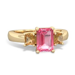 Lab Pink Sapphire Three Stone Emerald-Cut Trellis 14K Yellow Gold ring R4021