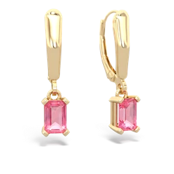 Lab Pink Sapphire 6X4mm Emerald-Cut Lever Back 14K Yellow Gold earrings E2855