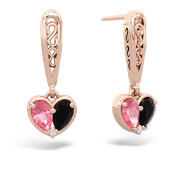Lab Pink Sapphire Filligree Heart 14K Rose Gold earrings E5070