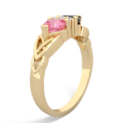 Lab Pink Sapphire Celtic Knot Double Heart 14K Yellow Gold ring R5040