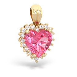 Lab Pink Sapphire Sparkling Halo Heart 14K Yellow Gold pendant P0391