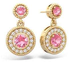 Lab Pink Sapphire Halo Dangle 14K Yellow Gold earrings E5319