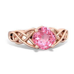 Lab Pink Sapphire Checkerboard Cushion Celtic Knot 14K Rose Gold ring R5000