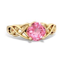 Lab Pink Sapphire Checkerboard Cushion Celtic Knot 14K Yellow Gold ring R5000