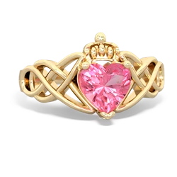 Lab Pink Sapphire Claddagh Celtic Knot 14K Yellow Gold ring R2367