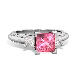 Lab Pink Sapphire Art Deco Diamond Engagement 6Mm Princess 14K White Gold ring R2001