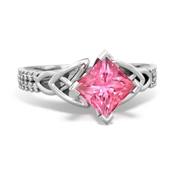 Lab Pink Sapphire Celtic Knot 6Mm Princess Engagement 14K White Gold ring R26446SQ