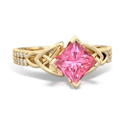 Lab Pink Sapphire Celtic Knot 6Mm Princess Engagement 14K Yellow Gold ring R26446SQ