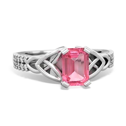 Lab Pink Sapphire Celtic Knot 7X5 Emerald-Cut Engagement 14K White Gold ring R26447EM