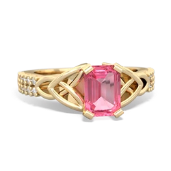 Lab Pink Sapphire Celtic Knot 7X5 Emerald-Cut Engagement 14K Yellow Gold ring R26447EM