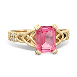 Lab Pink Sapphire Celtic Knot 8X6 Emerald-Cut Engagement 14K Yellow Gold ring R26448EM