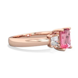 Lab Pink Sapphire Diamond Three Stone Emerald-Cut Trellis 14K Rose Gold ring R4021