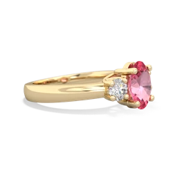 Lab Pink Sapphire Diamond Three Stone Oval Trellis 14K Yellow Gold ring R4024