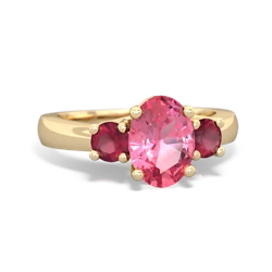 Lab Pink Sapphire Three Stone Oval Trellis 14K Yellow Gold ring R4024