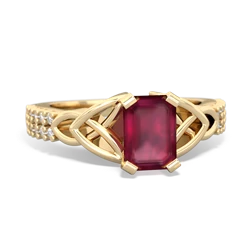Ruby Celtic Knot 7X5 Emerald-Cut Engagement 14K Yellow Gold ring R26447EM