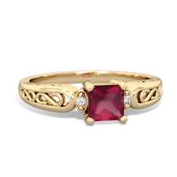 Ruby Filligree Scroll Square 14K Yellow Gold ring R2430