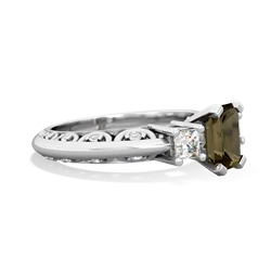 Smoky Quartz Art Deco Diamond 7X5 Emerald-Cut Engagement 14K White Gold ring R20017EM