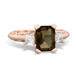 Smoky Quartz Art Deco Diamond 8X6 Emerald-Cut Engagement 14K Rose Gold ring R20018EM