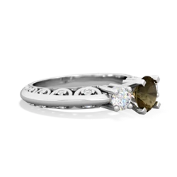 Smoky Quartz Art Deco Diamond 6Mm Round Engagment 14K White Gold ring R2003