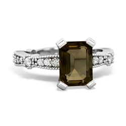 Smoky Quartz Sparkling Tiara 8X6 Emerald-Cut 14K White Gold ring R26298EM