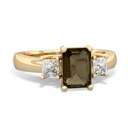 Smoky Quartz Diamond Three Stone Emerald-Cut Trellis 14K Yellow Gold ring R4021