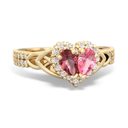 Pink Tourmaline Celtic Knot Two Hearts As One 14K Yellow Gold ring R2644HRT