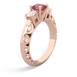 Pink Tourmaline Art Deco Diamond 6Mm Round Engagment 14K Rose Gold ring R2003