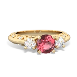 Pink Tourmaline Art Deco Diamond 6Mm Round Engagment 14K Yellow Gold ring R2003