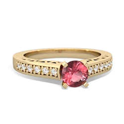 Pink Tourmaline Art Deco Engagement 5Mm Round 14K Yellow Gold ring R26355RD