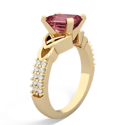 Pink Tourmaline Celtic Knot 8X6 Emerald-Cut Engagement 14K Yellow Gold ring R26448EM