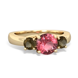 Pink Tourmaline Three Stone Round Trellis 14K Yellow Gold ring R4018