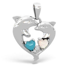 Turquoise Dolphin Heart 14K White Gold pendant P5820