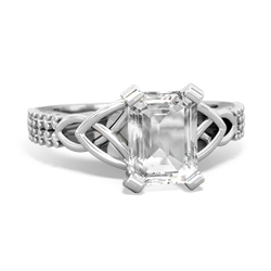 White Topaz Celtic Knot 8X6 Emerald-Cut Engagement 14K White Gold ring R26448EM