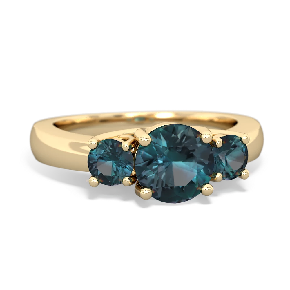 Blue Topaz Three Stone Round Trellis 14K Yellow Gold ring R4018