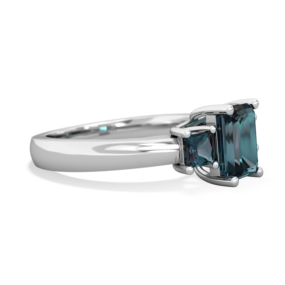 Blue Topaz Three Stone Emerald-Cut Trellis 14K White Gold ring R4021
