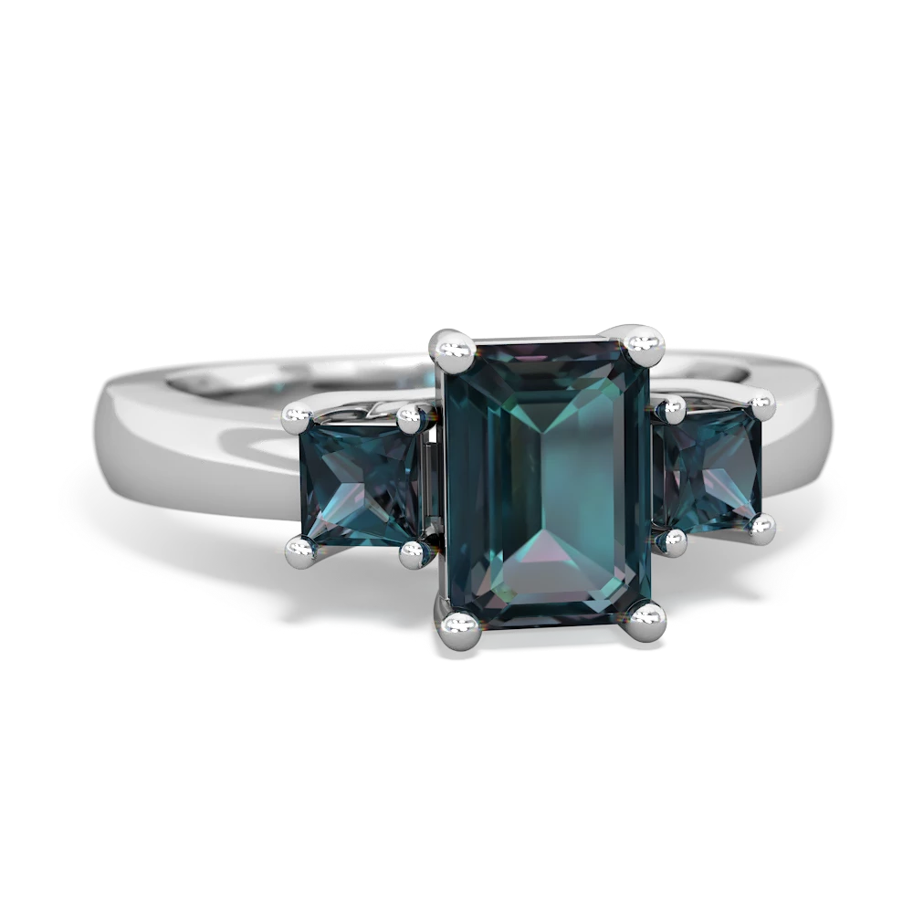 White Topaz Three Stone Emerald-Cut Trellis 14K White Gold ring R4021