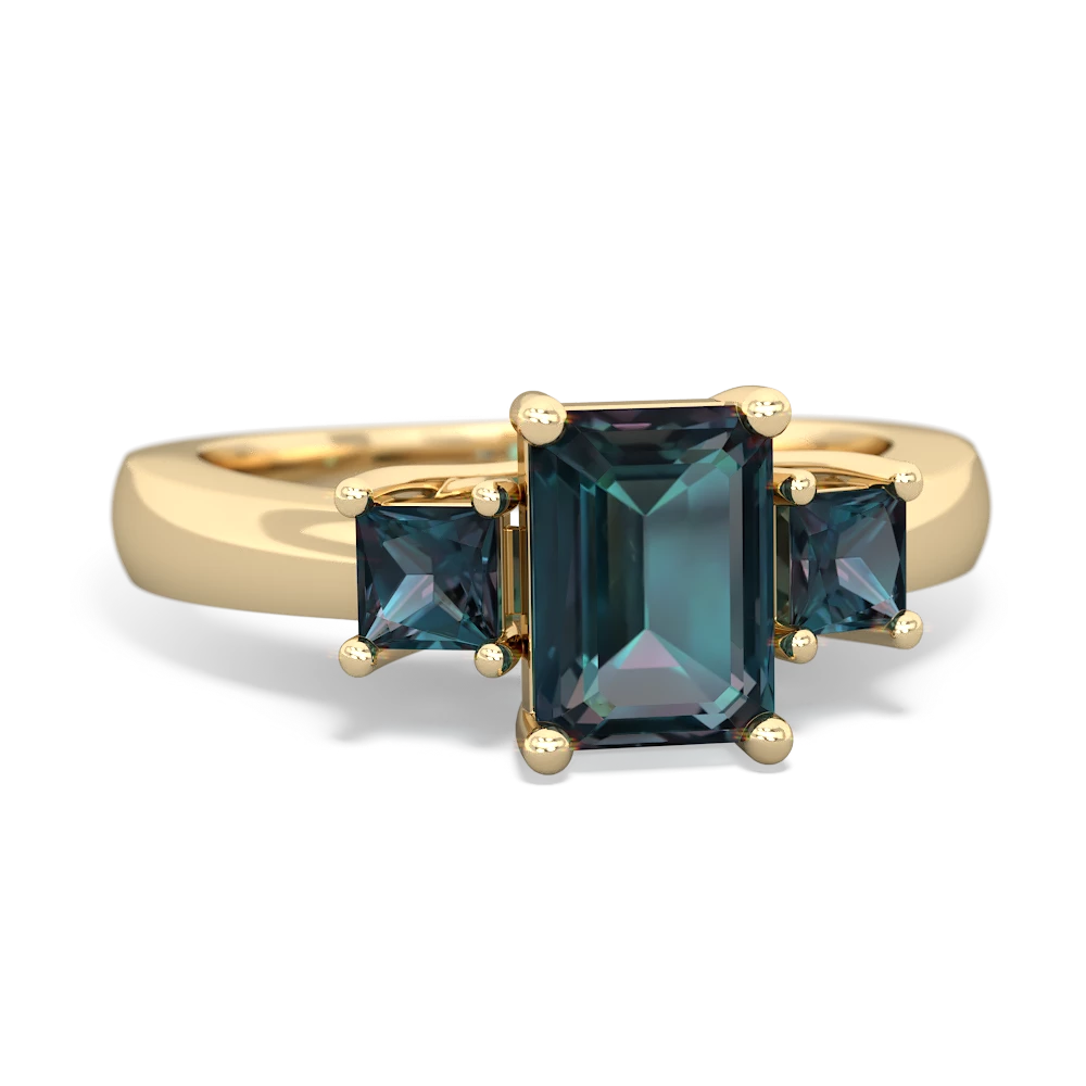 Blue Topaz Three Stone Emerald-Cut Trellis 14K Yellow Gold ring R4021