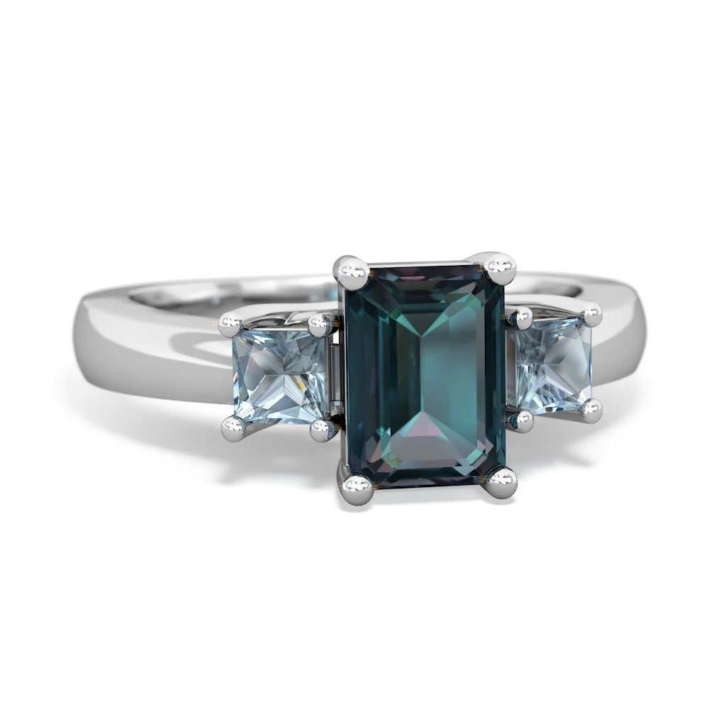 Alexandrite Three Stone Emerald-Cut Trellis 14K White Gold ring R4021