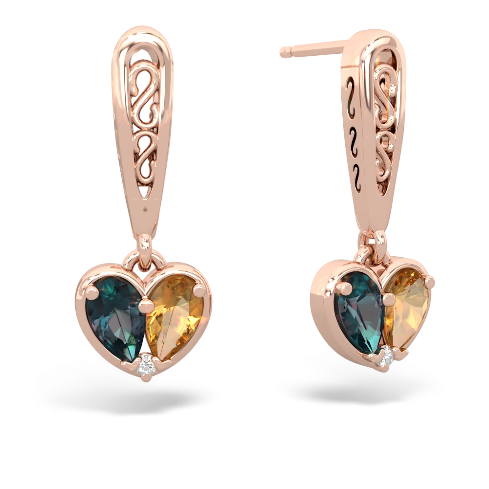 Alexandrite Filligree Heart 14K Rose Gold earrings E5070