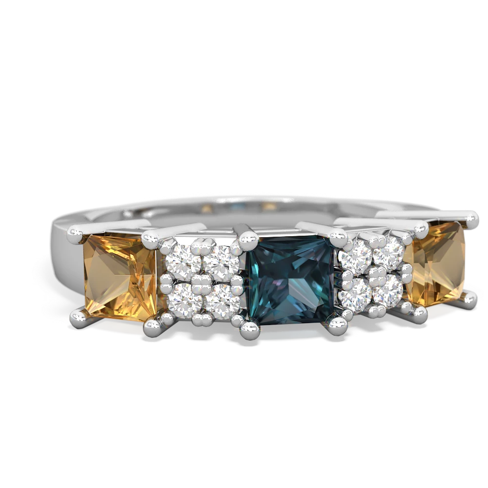 Alexandrite Three Stone Diamond Cluster 14K White Gold ring R2592