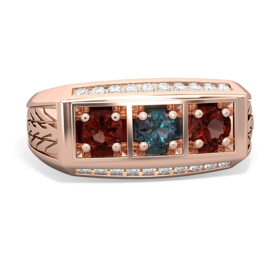 Alexandrite Three Stone Tire Tread Men's 14K Rose Gold ring R0520