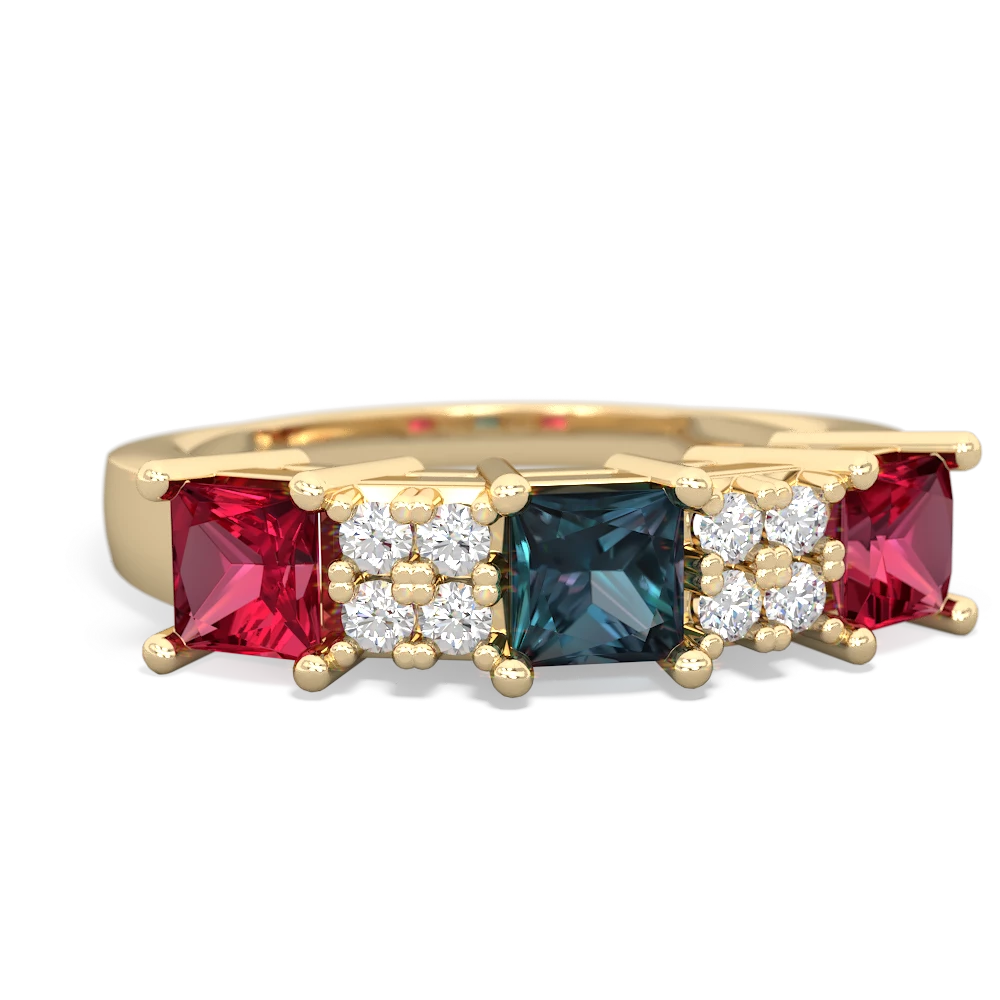 Alexandrite Three Stone Diamond Cluster 14K Yellow Gold ring R2592