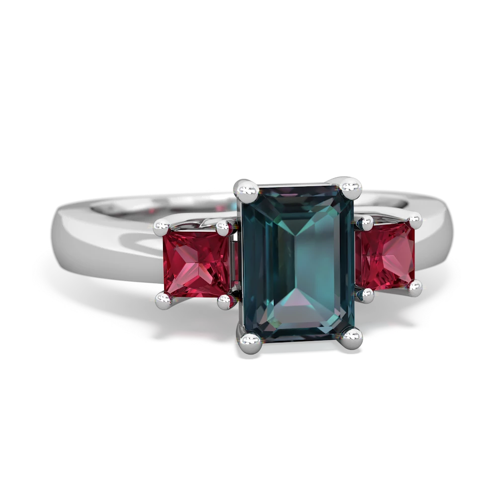 Alexandrite Three Stone Emerald-Cut Trellis 14K White Gold ring R4021