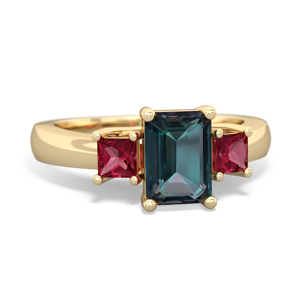 Alexandrite Three Stone Emerald-Cut Trellis 14K Yellow Gold ring R4021