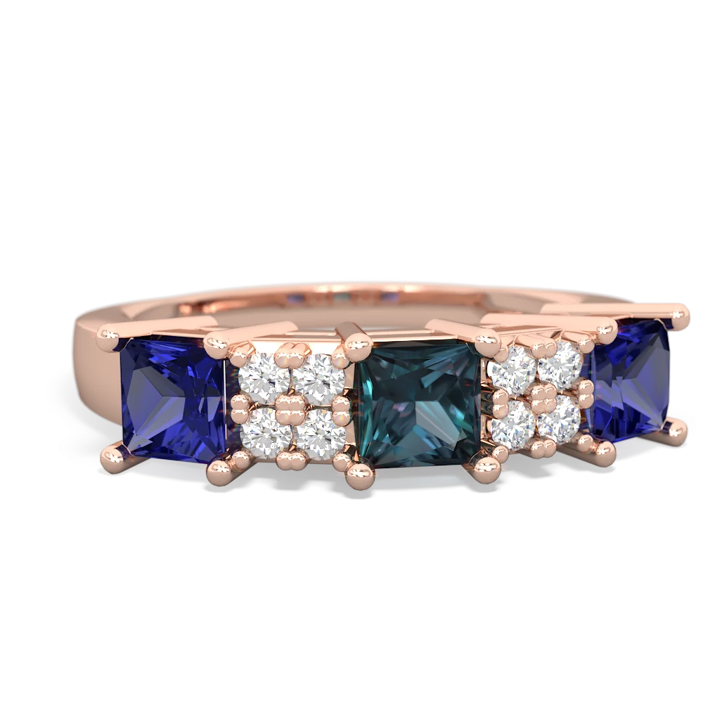 Alexandrite Three Stone Diamond Cluster 14K Rose Gold ring R2592