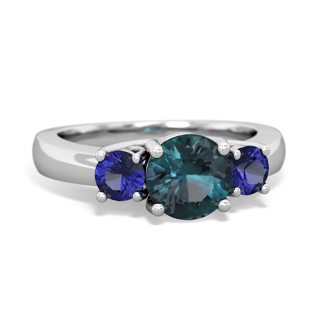 Alexandrite Lab Sapphire Three Stone Round Trellis ring 14K White Gold JewelsForMe